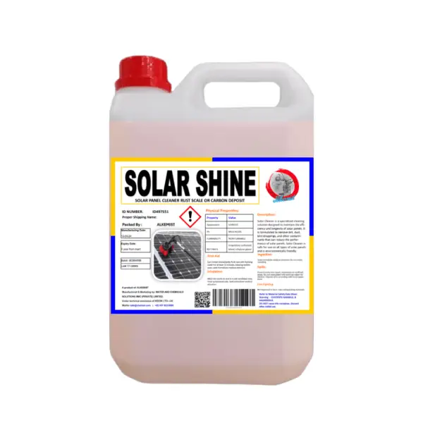 Solar Shine Solar Cleaner by Alkemist Water Chemical Solutions for solar panel cleaning and maintenance in UAE and Pakistan.